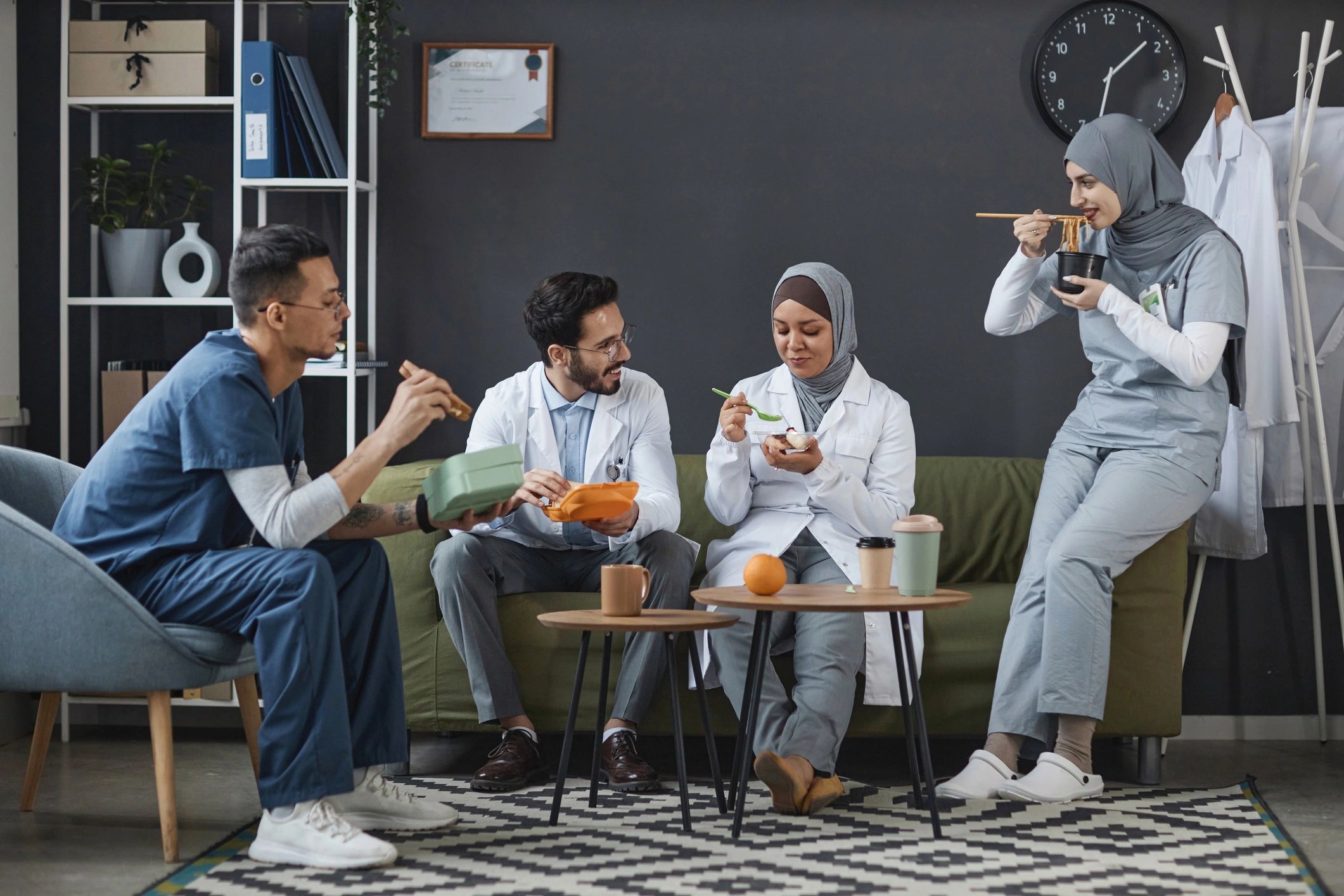 Medical professionals in discussion during a workday
